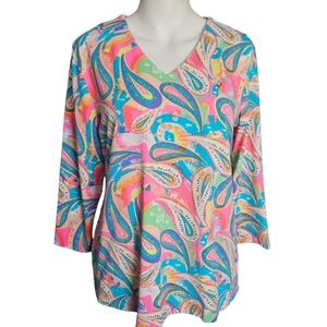 Lulu B Blouse Womens Medium Bold  Paisley V-Neck 3/4 Sleeve Stretch Shirt